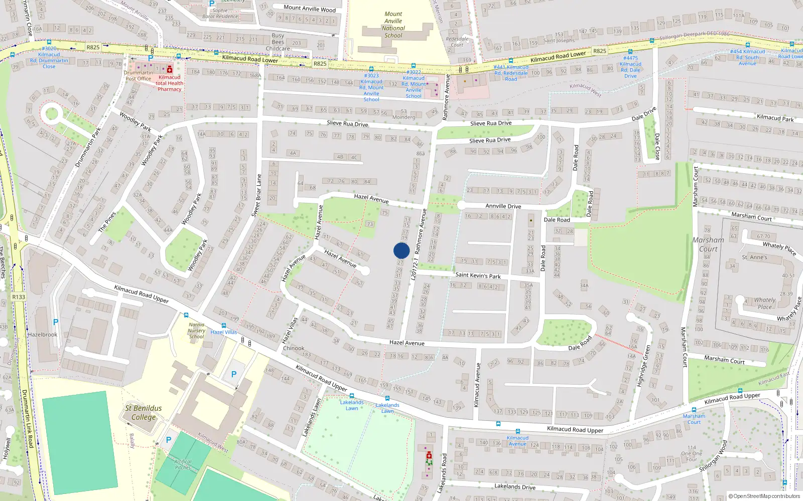 Overhead map showing the location of 23 Rathmore Avenue, Stillorgan, Dublin