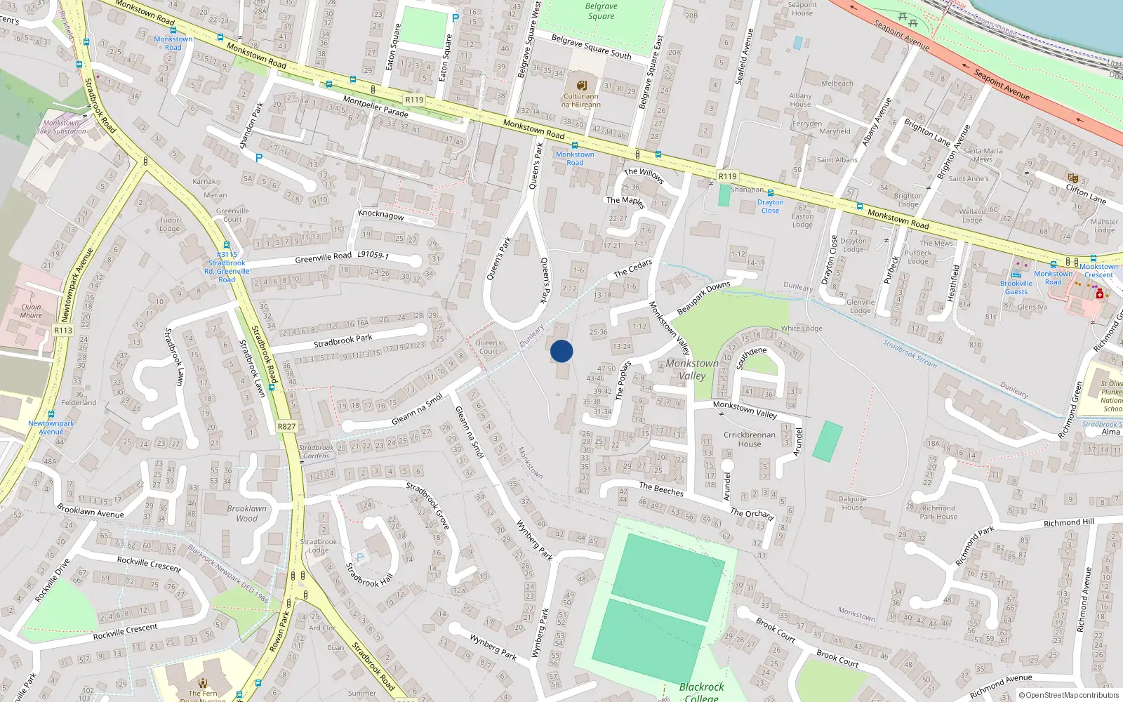 Overhead map showing the location of 23 Riversdale Court, Monkstown