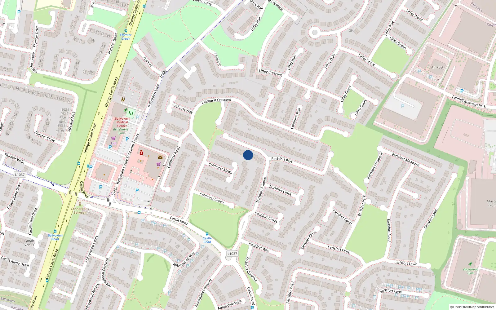 Overhead map showing the location of 23 Rochfort Park, Lucan