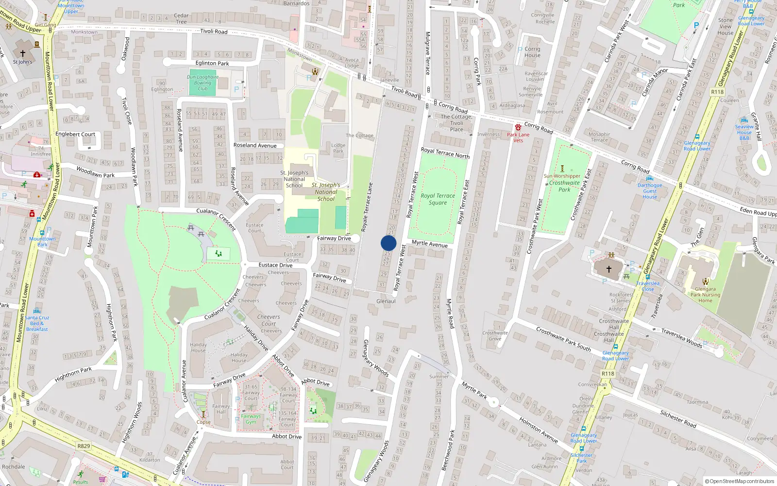 Overhead map showing the location of 23 Royal Terrace West, Dublin