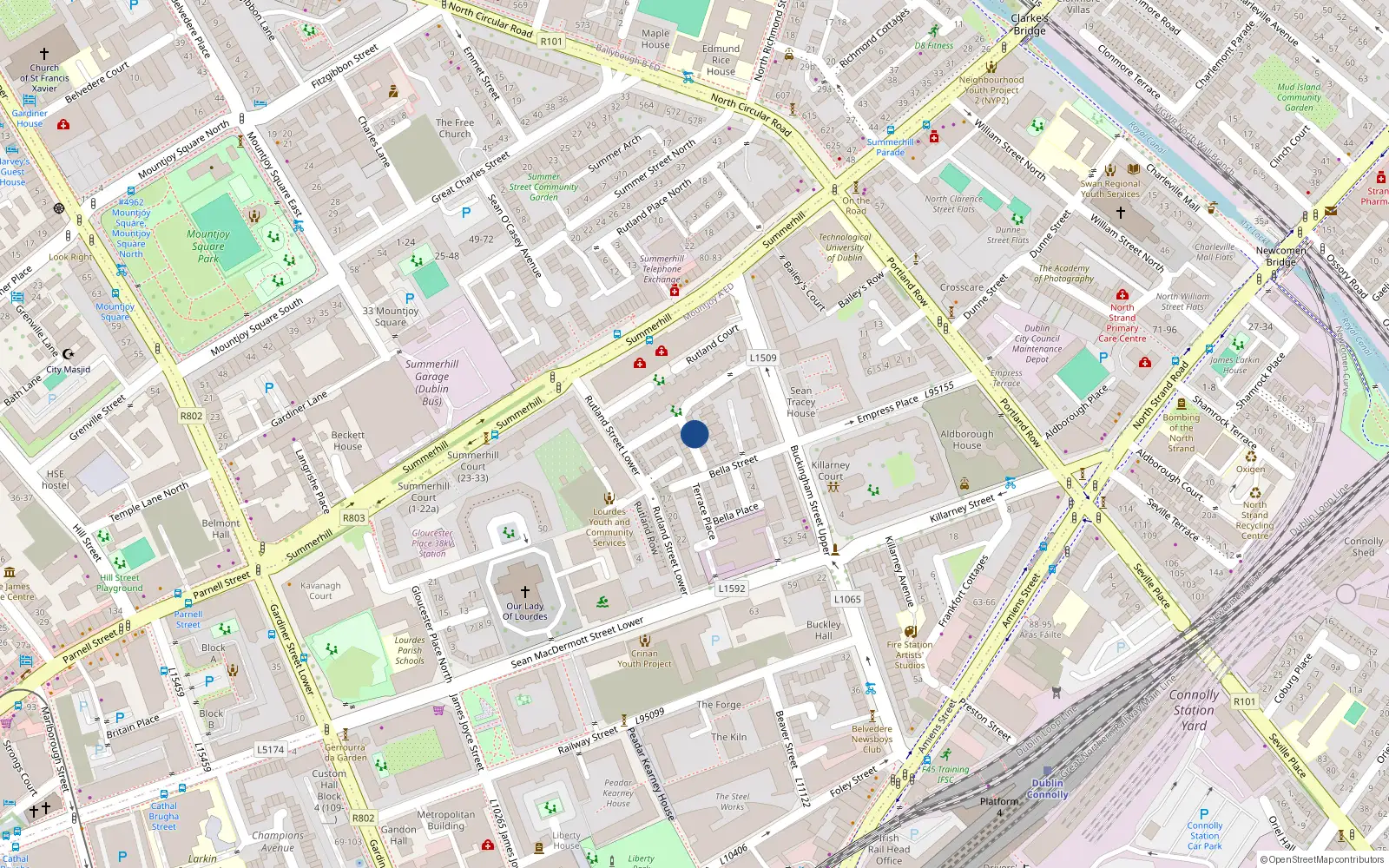 Overhead map showing the location of 23 Rutland Cottages, Dublin 1