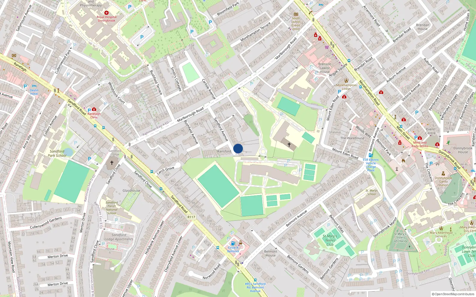 Overhead map showing the location of 23 Sandford Avenue, Donnybrook