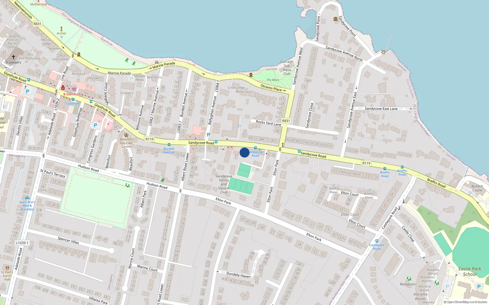Overhead map showing the location of 23 Sandycove Road, Dublin