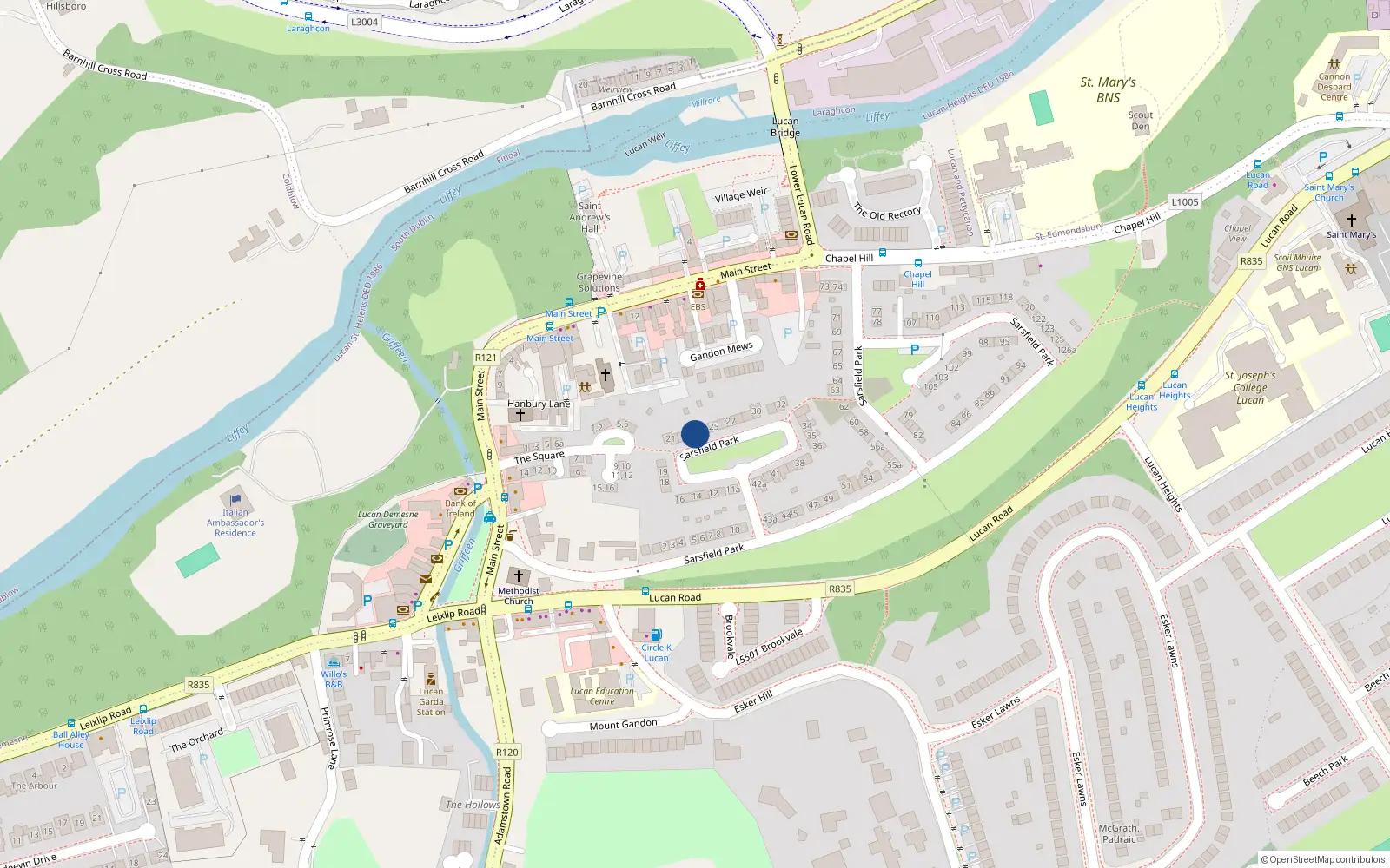 Overhead map showing the location of 23 Sarsfield Park, Lucan