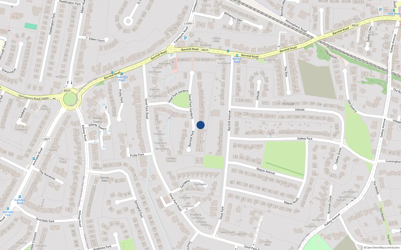 Overhead map showing the location of 23 Saval Park Gardens, Dalkey, Dublin