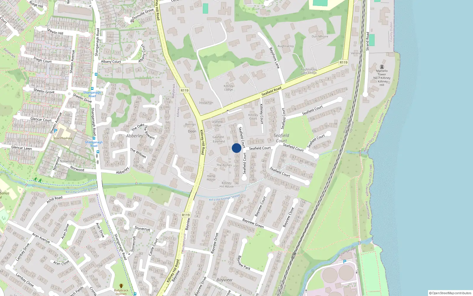 Overhead map showing the location of 23 Seafield Court, Killiney