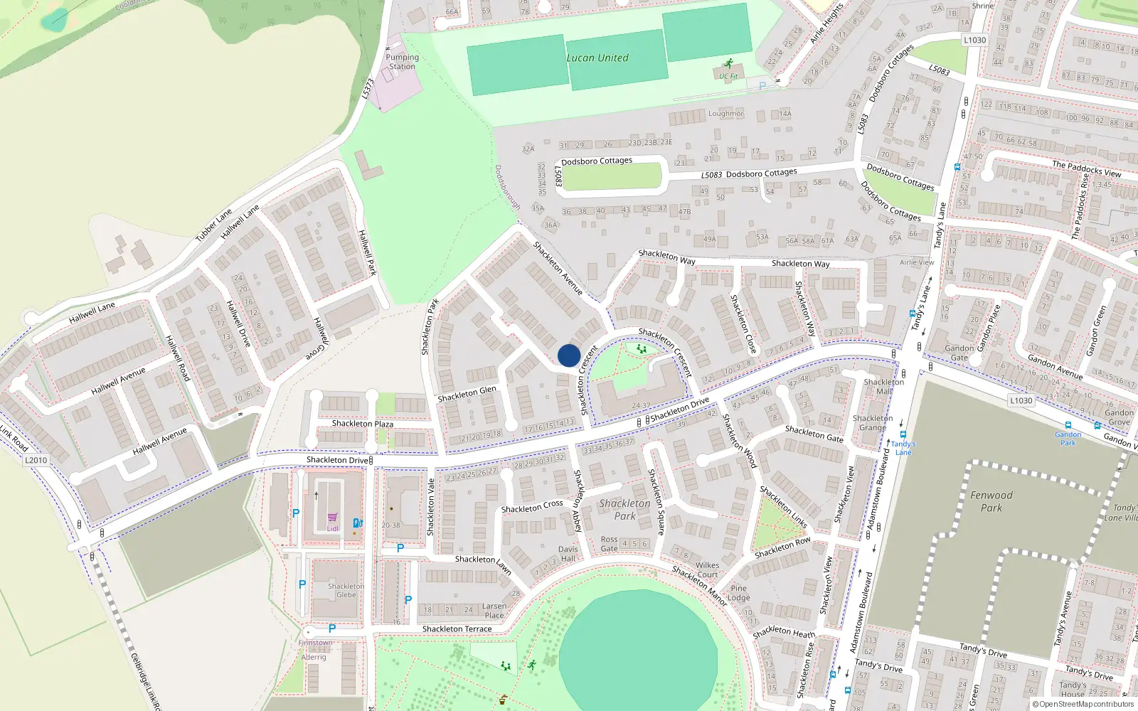 Overhead map showing the location of 23 Shackleton Crescent, Lucan