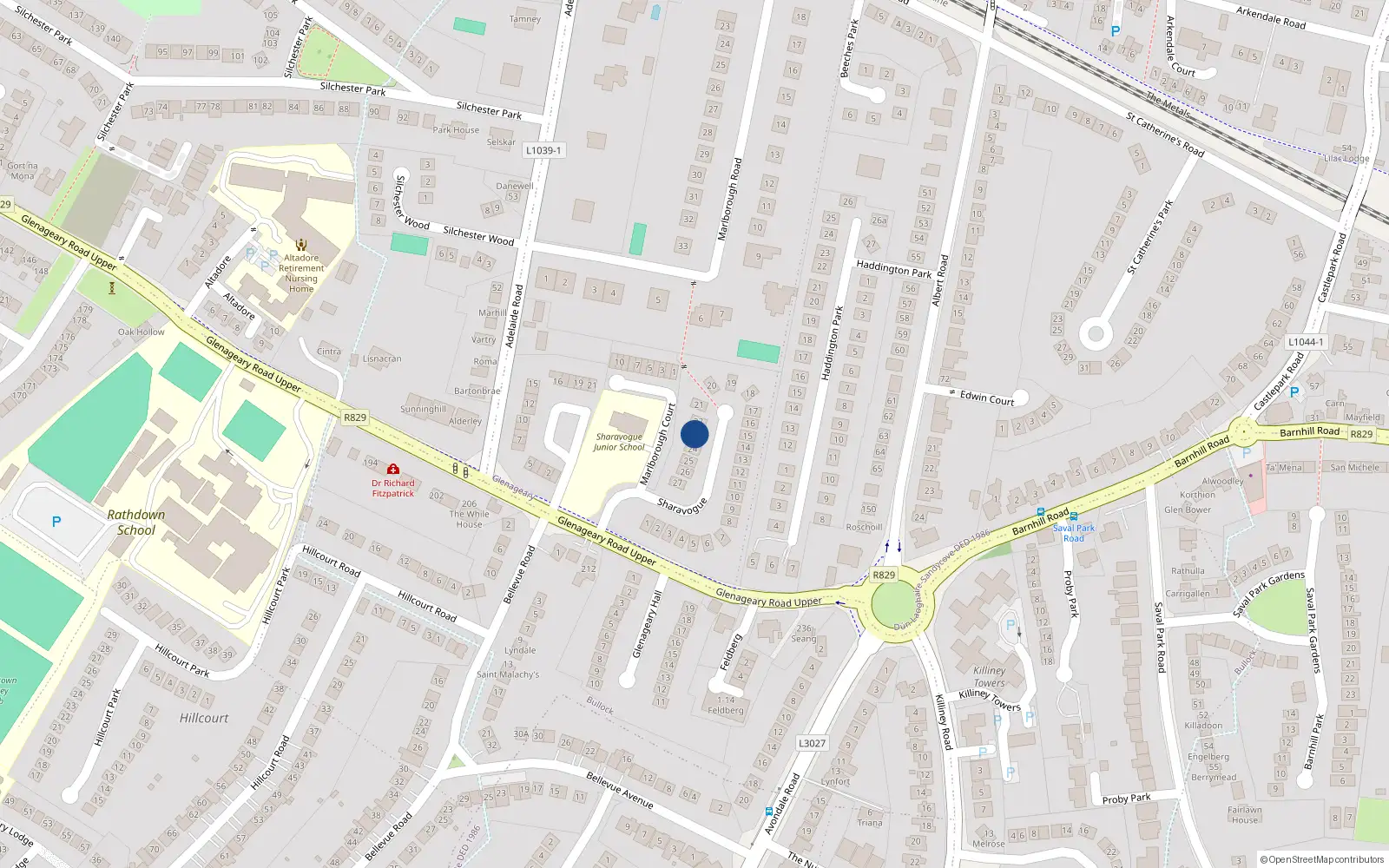 Overhead map showing the location of 23 Sharavogue, Glenageary