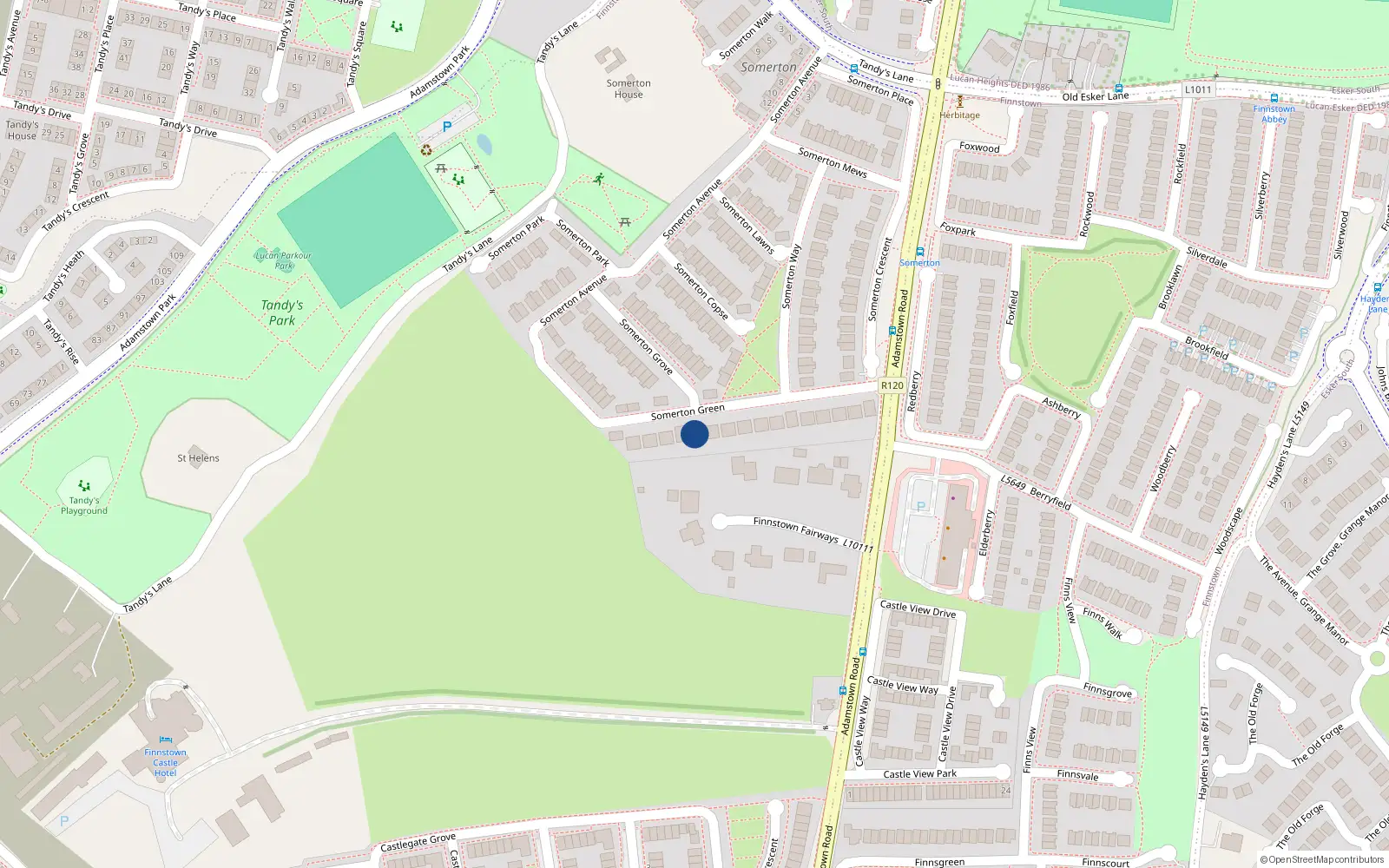Overhead map showing the location of 23 Somerton Green, Finnstown