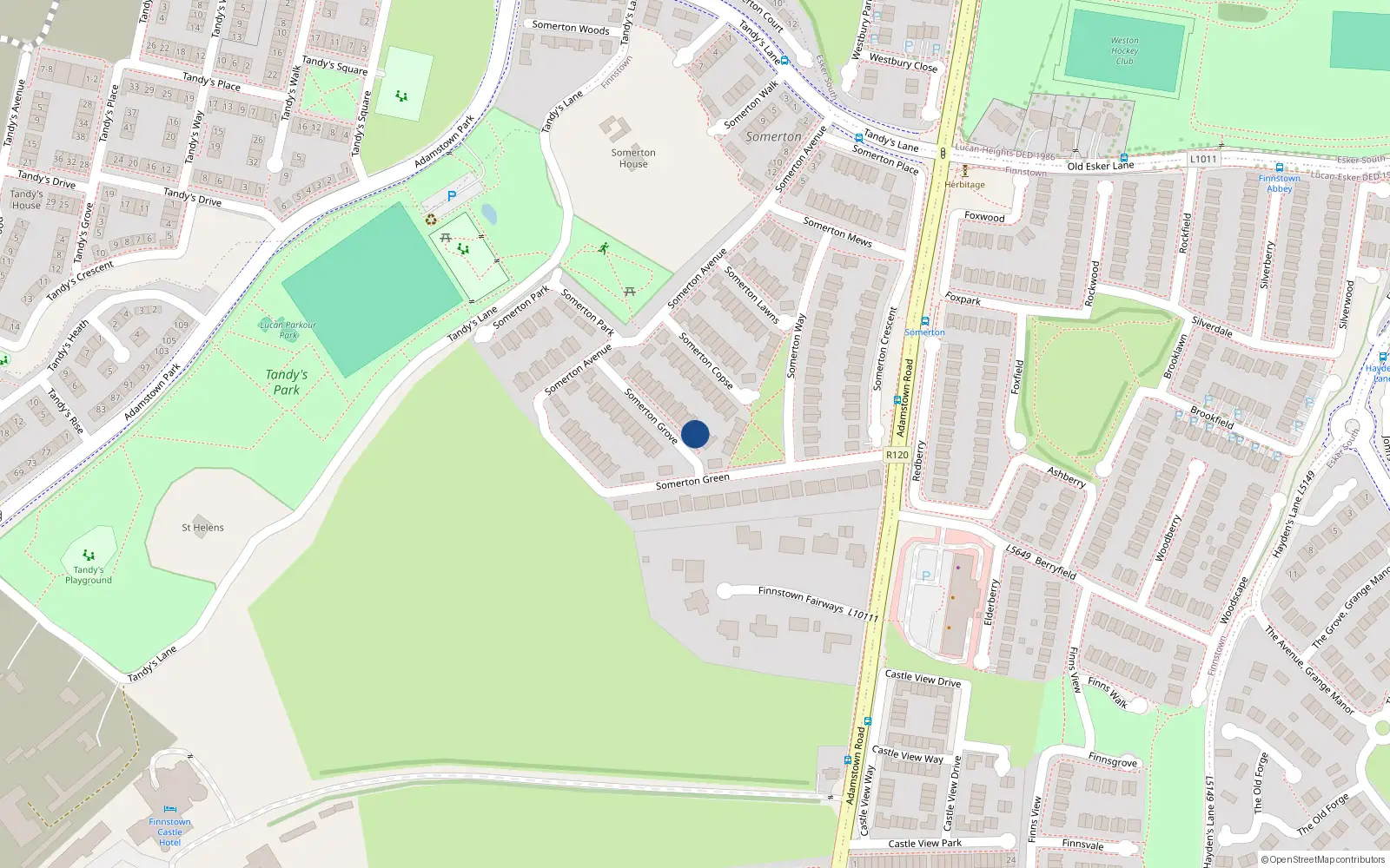 Overhead map showing the location of 23 Somerton Grove, Lucan