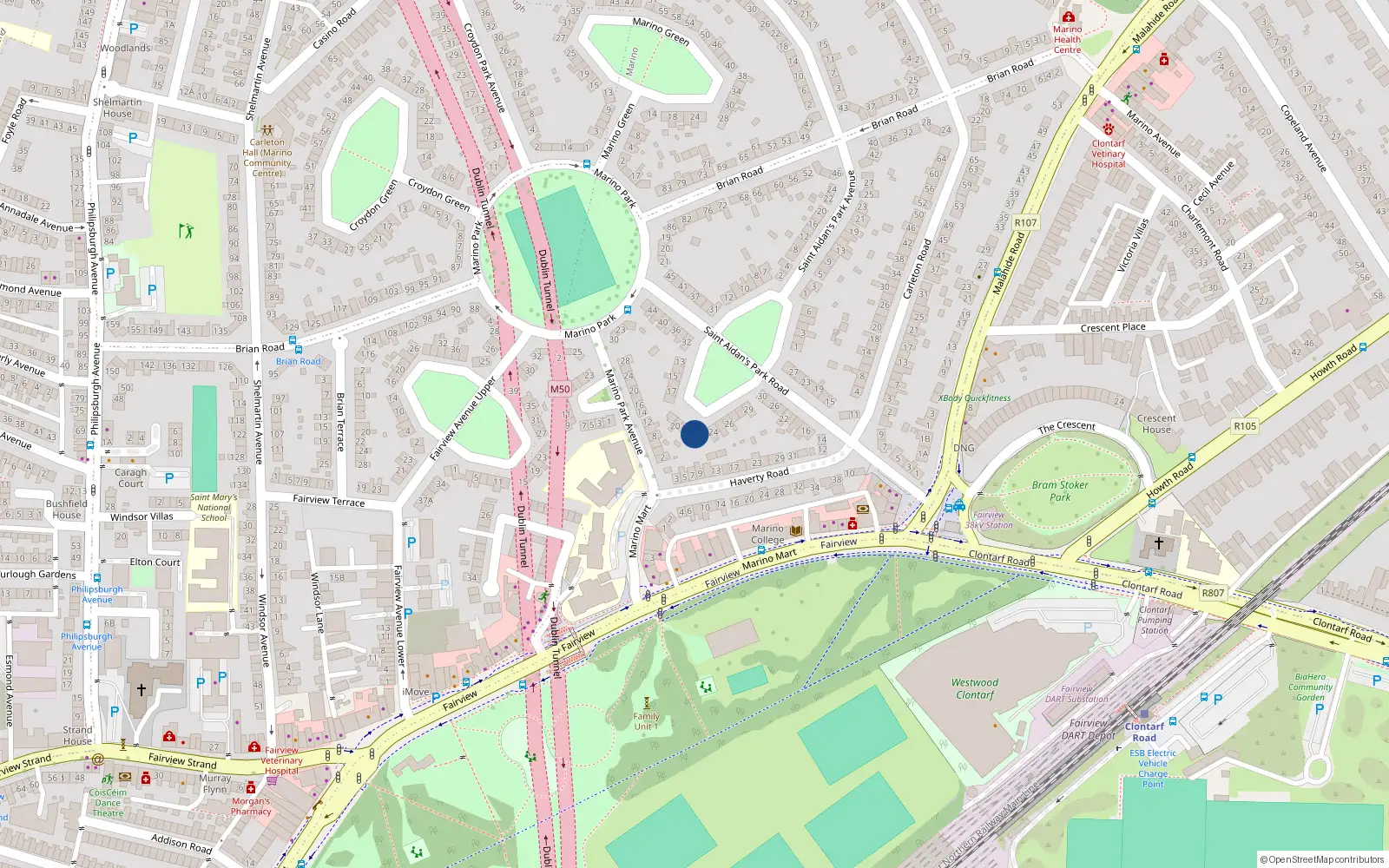 Overhead map showing the location of 23 Saint Aidan's Park, Dublin 3