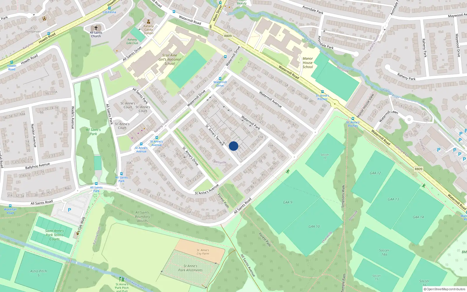 Overhead map showing the location of 23 St Annes Terrace, Raheny, Dublin 5