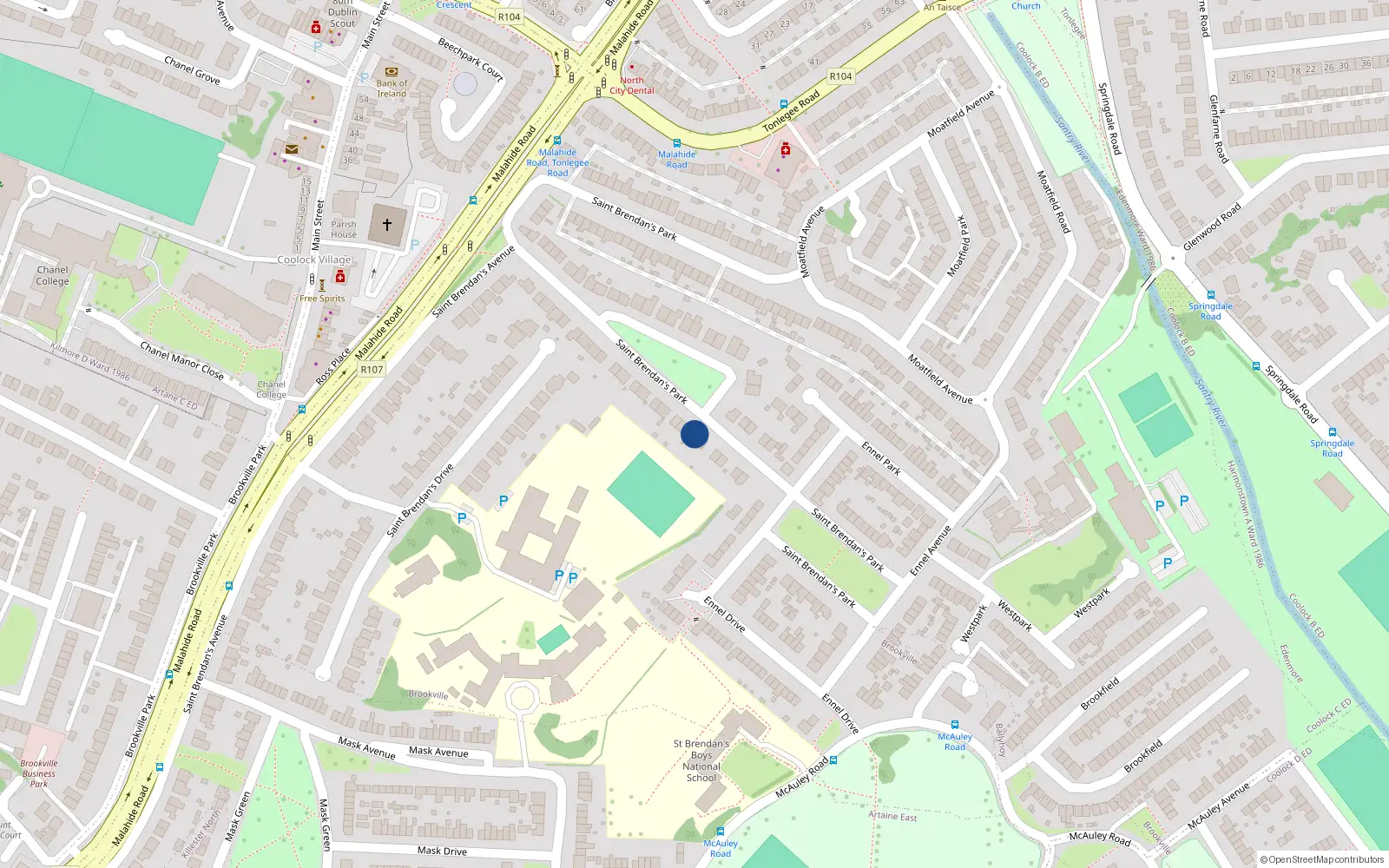 Overhead map showing the location of 23 St Brendans Park, Coolock, Dublin 5