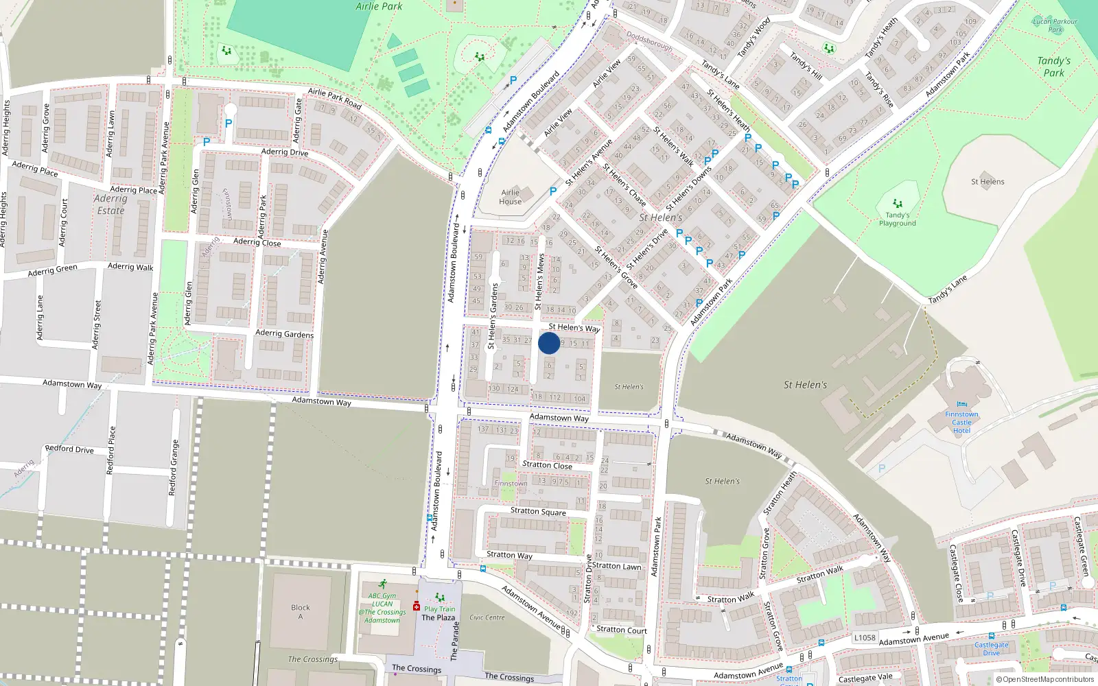 Overhead map showing the location of 23 Saint Helens Way, Lucan