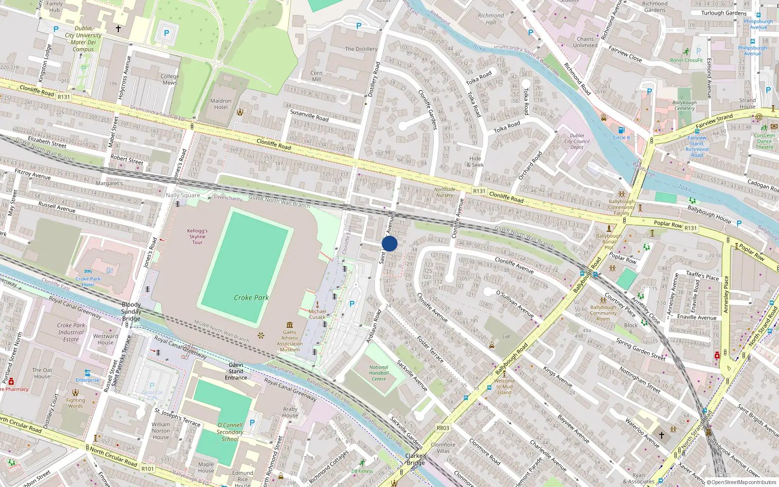 Overhead map showing the location of 23 St James Avenue, Ballybough, Dublin 3