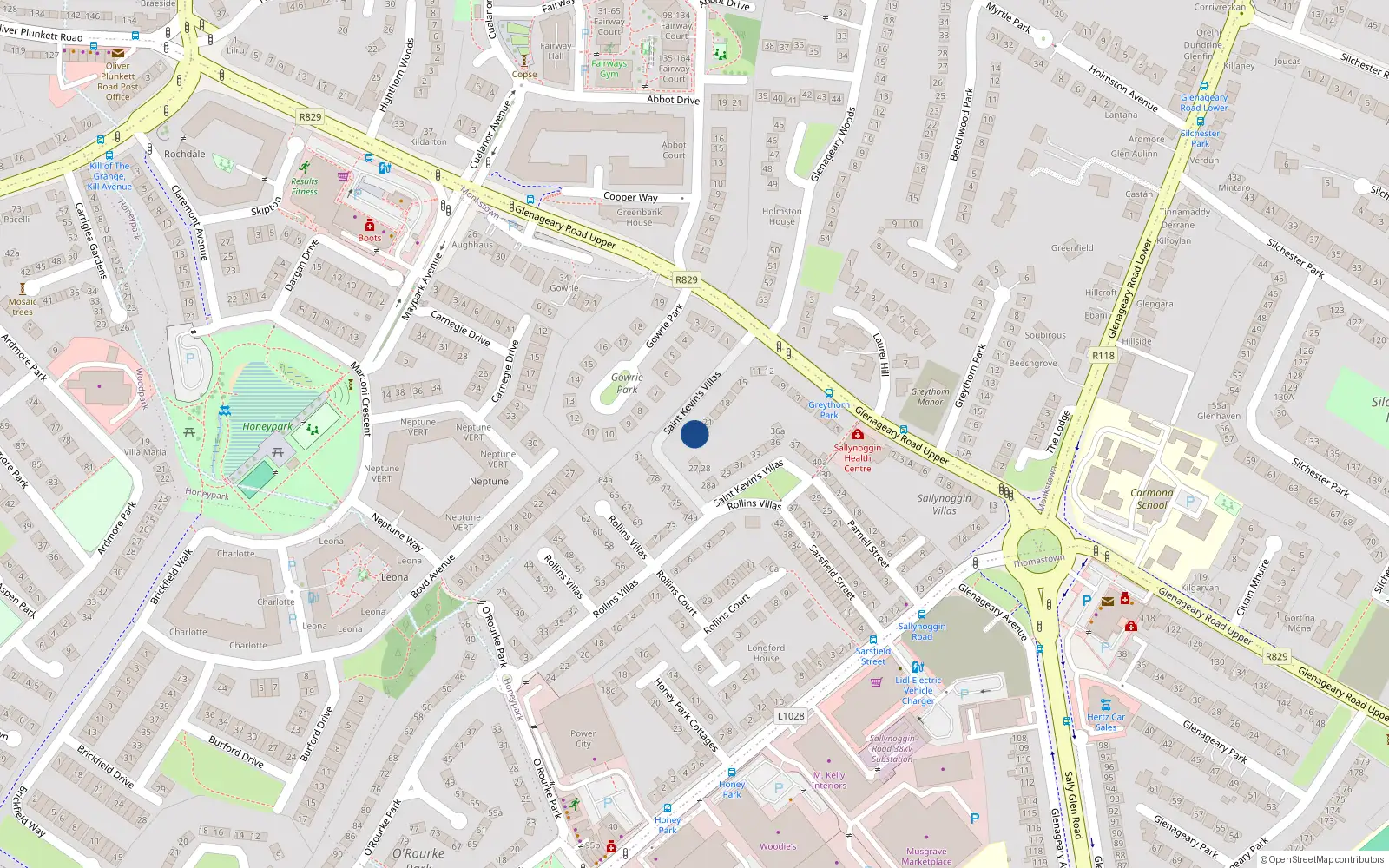 Overhead map showing the location of 23 St Kevins Villas, Sallynoggin, Dun Laoghaire