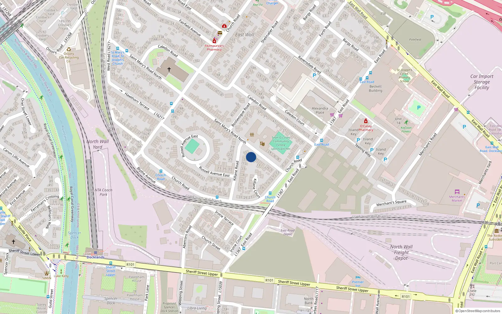 Overhead map showing the location of 23 St Marys Road, East Wall, Dublin 3