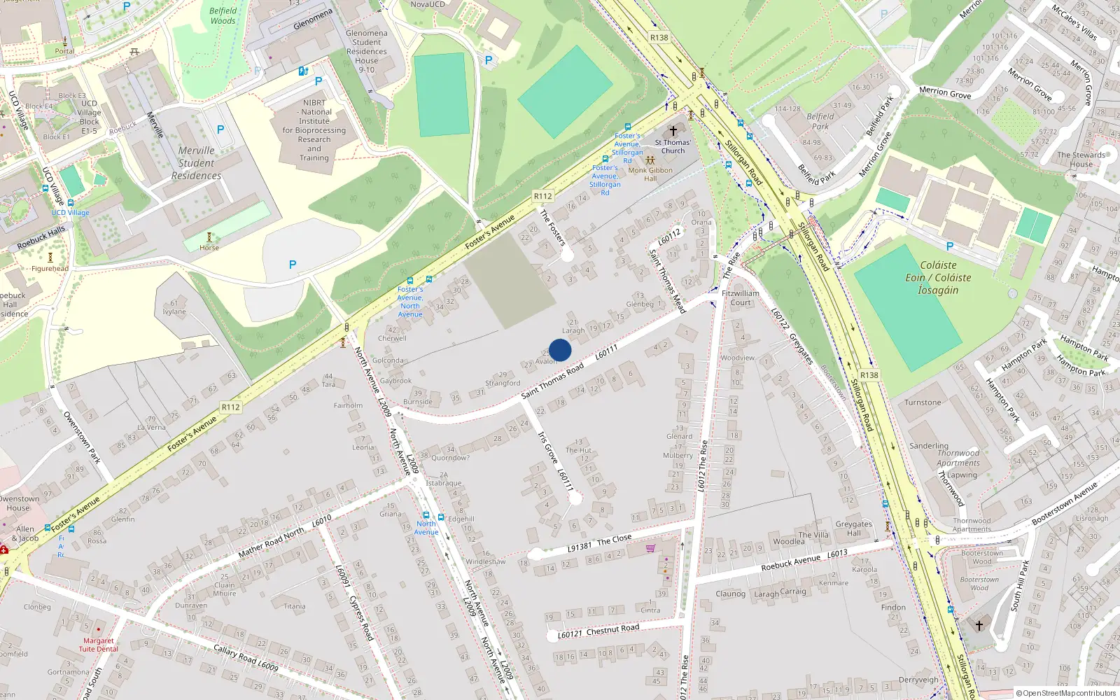 Overhead map showing the location of 23 St Thomas Road, Mount Merrion, Co Dublin