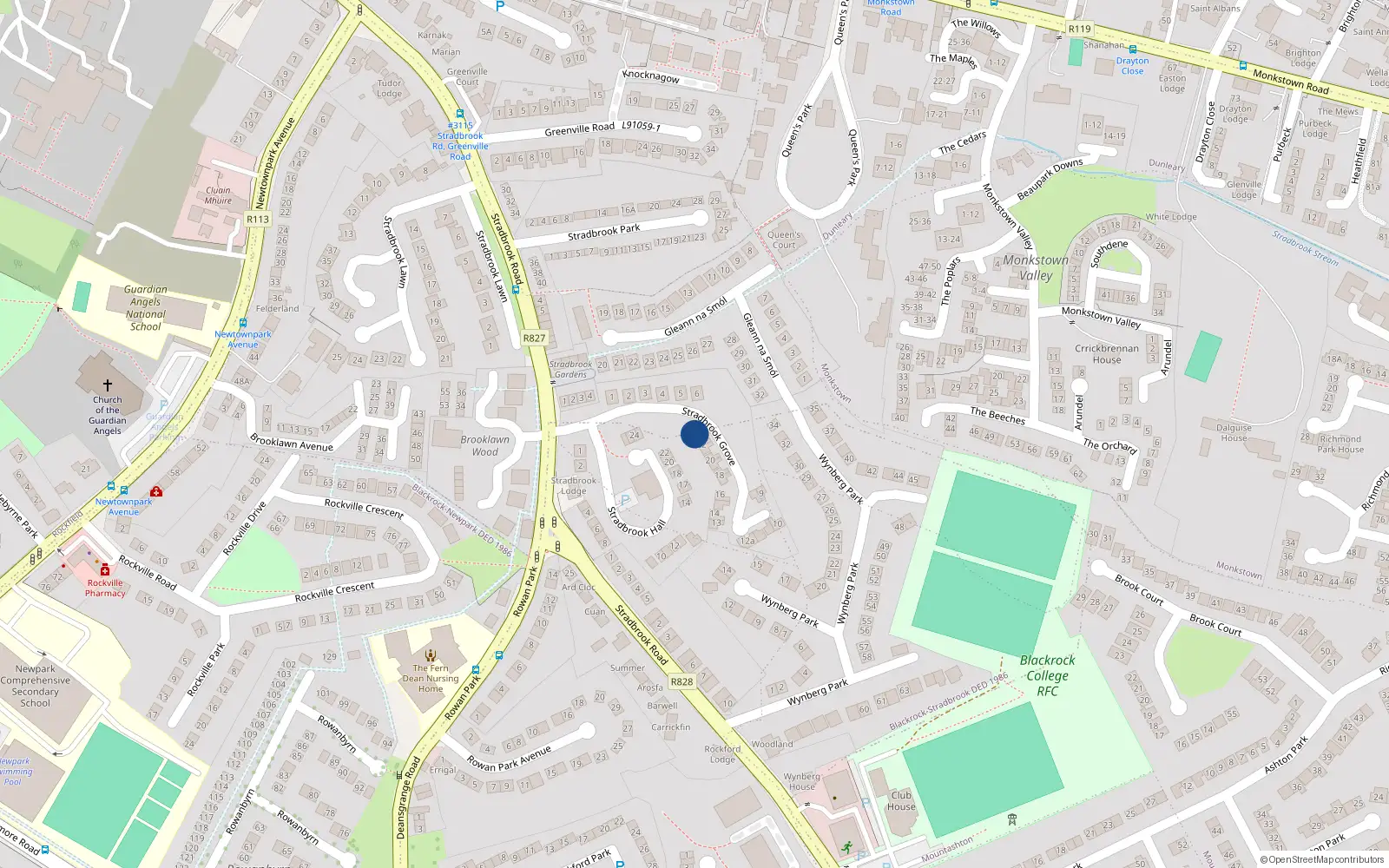 Overhead map showing the location of 23 Stradbrook Grove, Blackrock, Dublin