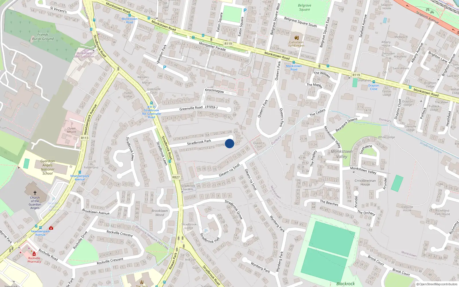 Overhead map showing the location of 23 Stradbrook Park, Blackrock, Dublin