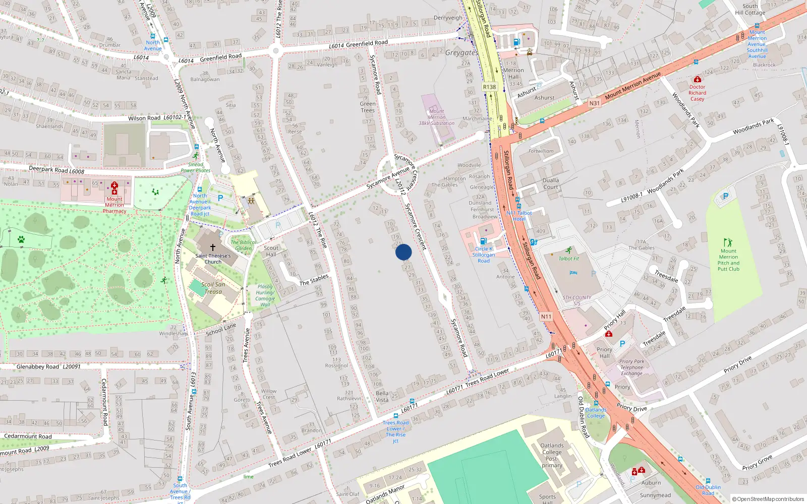 Overhead map showing the location of 23 Sycamore Road, Blackrock