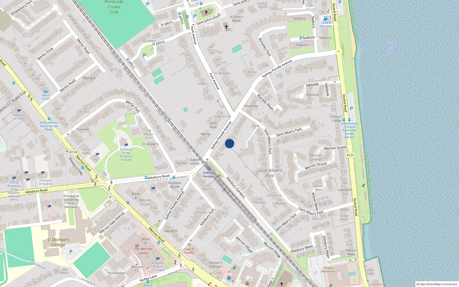Overhead map showing the location of 23 Sydney Parade Avenue, Dublin
