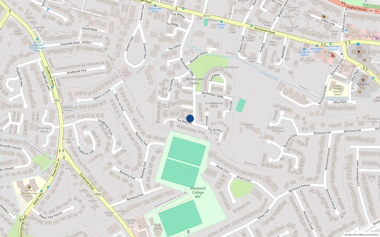 Overhead map showing the location of 23 The Beeches, Monkstown