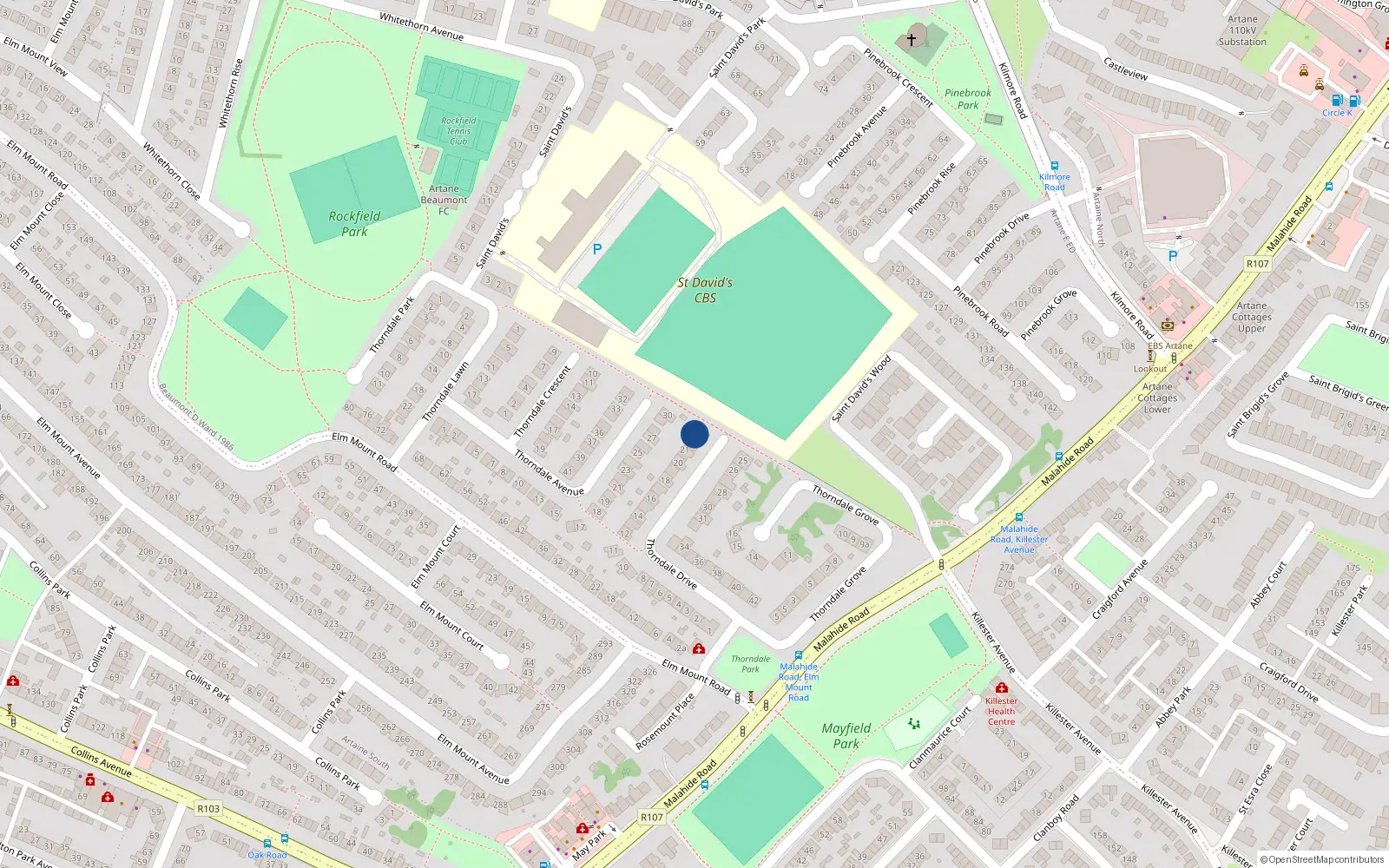 Overhead map showing the location of 23 Thorndale Drive, Artane, Dublin 5