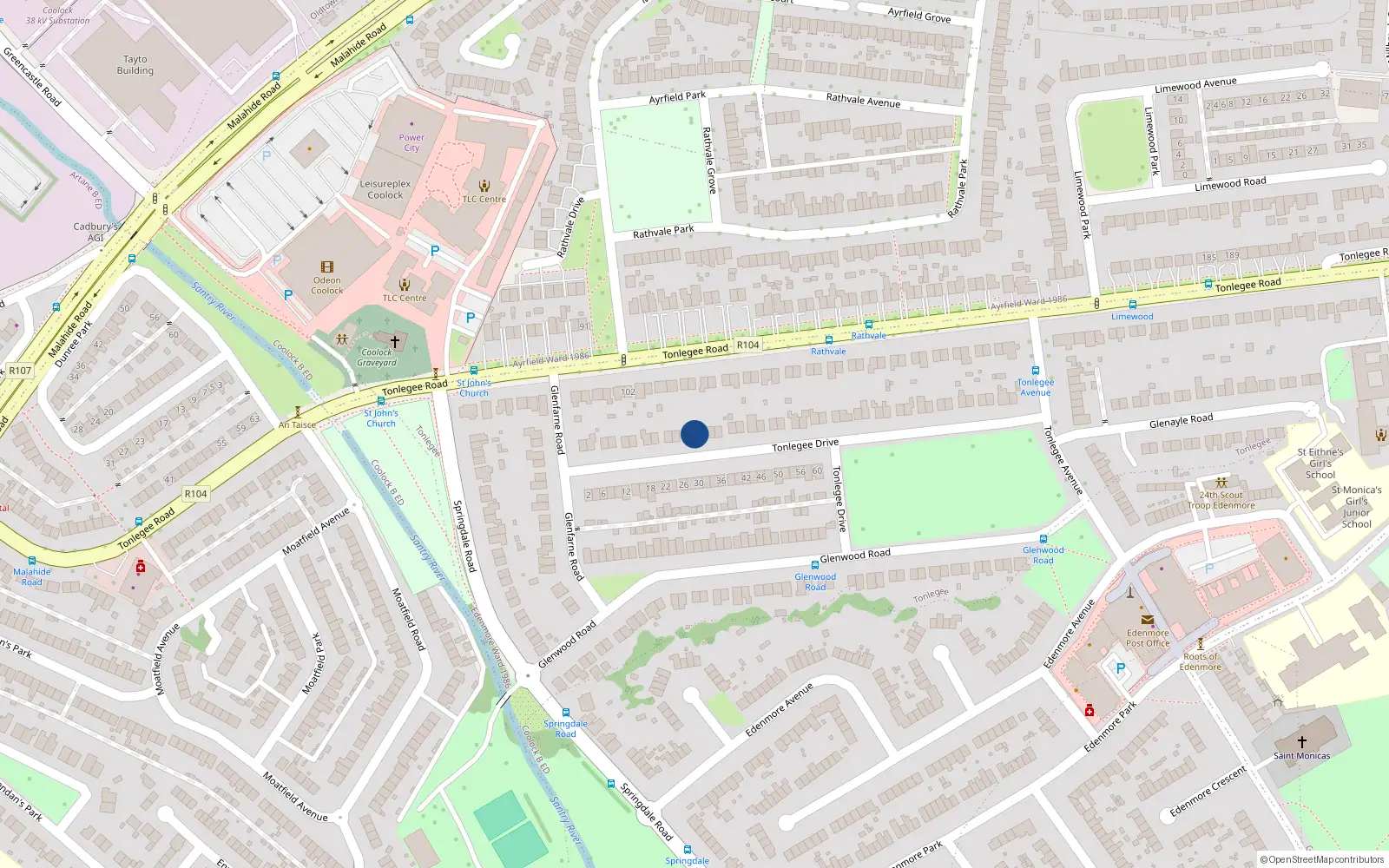 Overhead map showing the location of 23 Tonlegee Drive, Cameron Park, Raheny Dublin 5