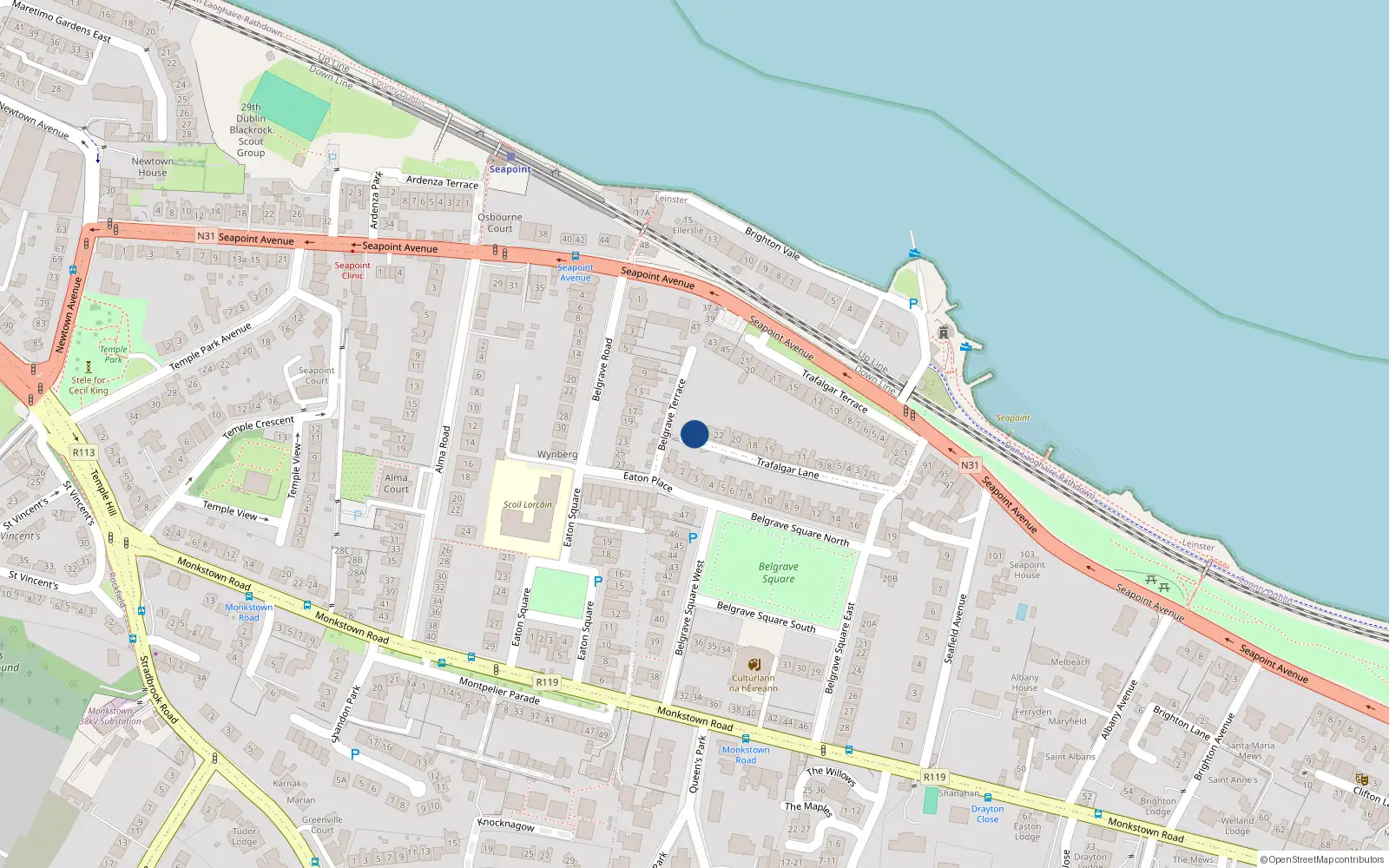 Overhead map showing the location of 23 Trafalgar Lane, Monkstown, Co Dublin