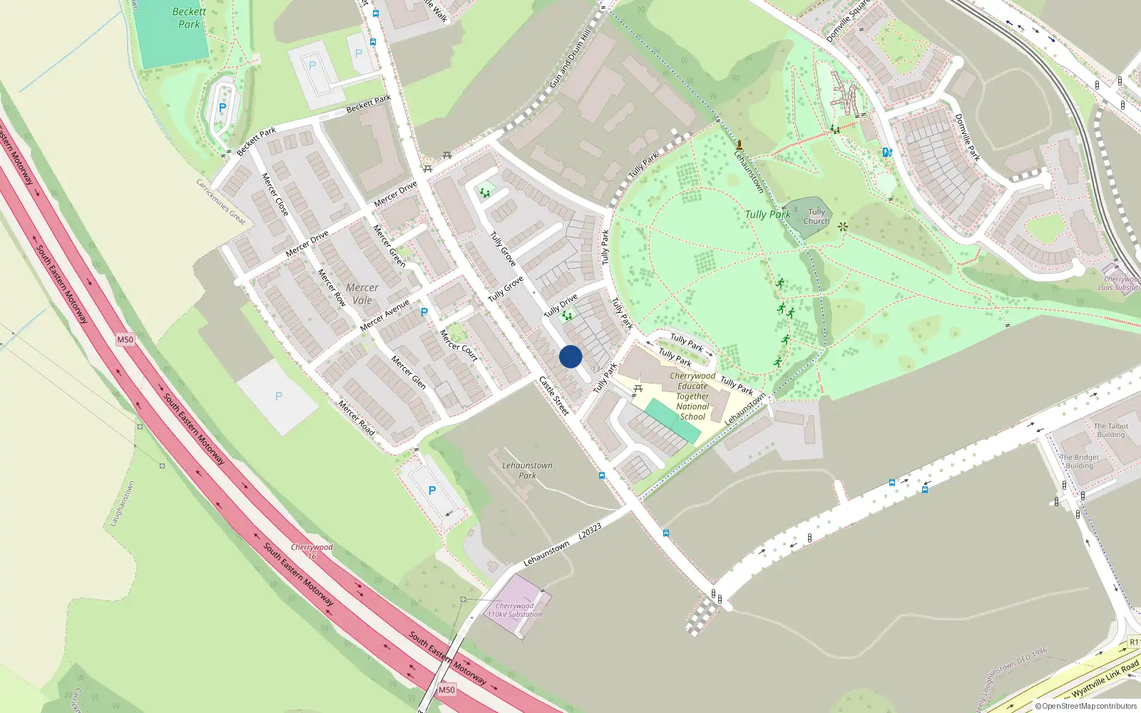 Overhead map showing the location of 23 Tully Drive, Laughanstown