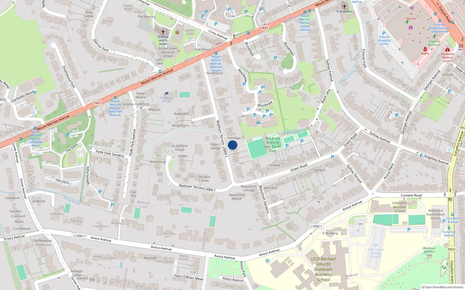 Overhead map showing the location of 23 Waltham Terrace, Blackrock