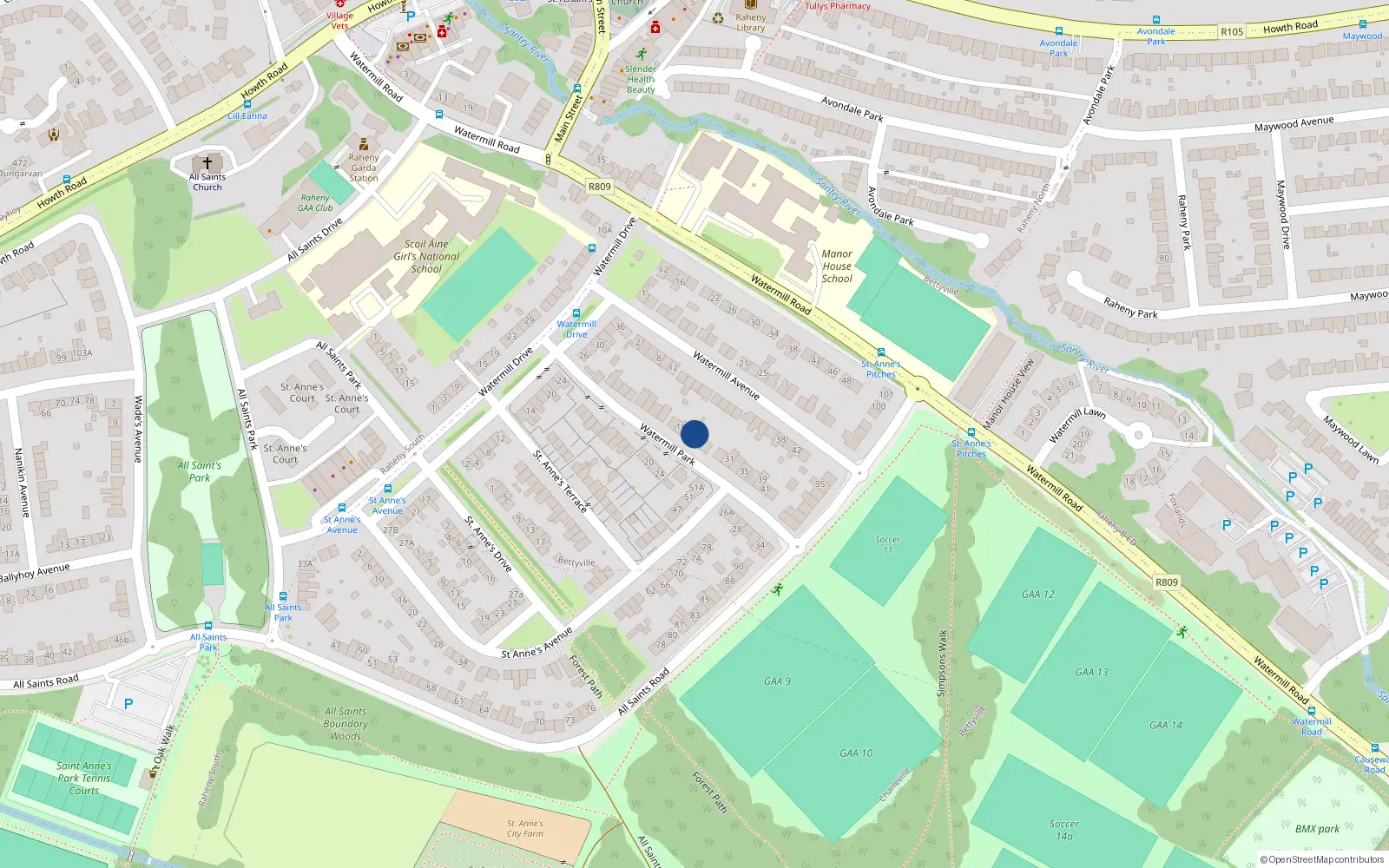 Overhead map showing the location of 23 Watermill Park, Dublin 5