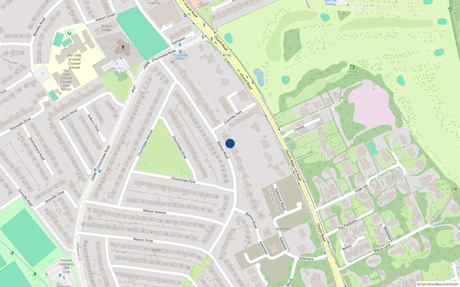 Overhead map showing the location of 23 Watson Road, Killiney