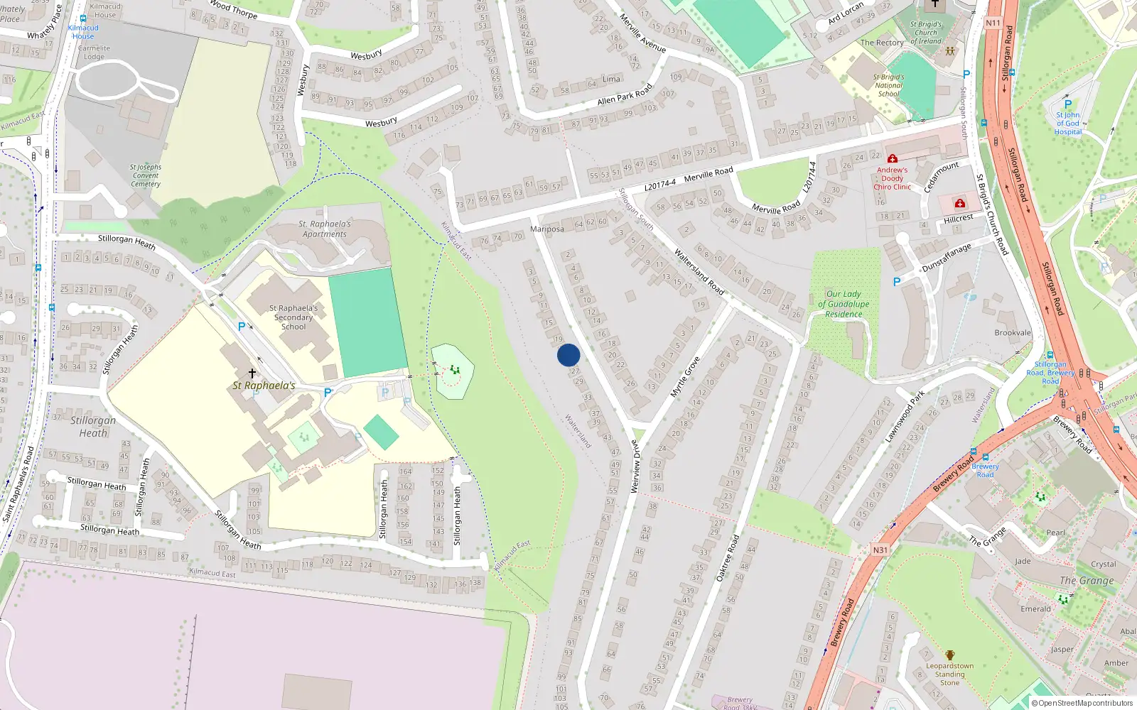 Overhead map showing the location of 23 Weirview Drive, Stillorgan