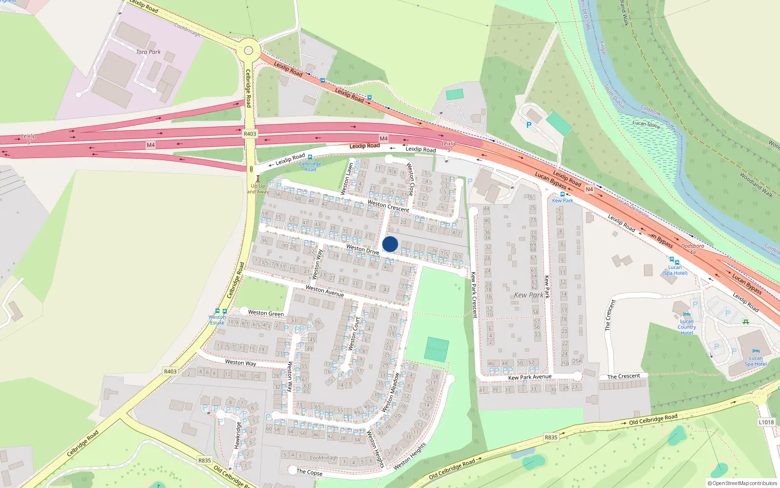 Overhead map showing the location of 23 Weston Drive, Lucan, Dublin