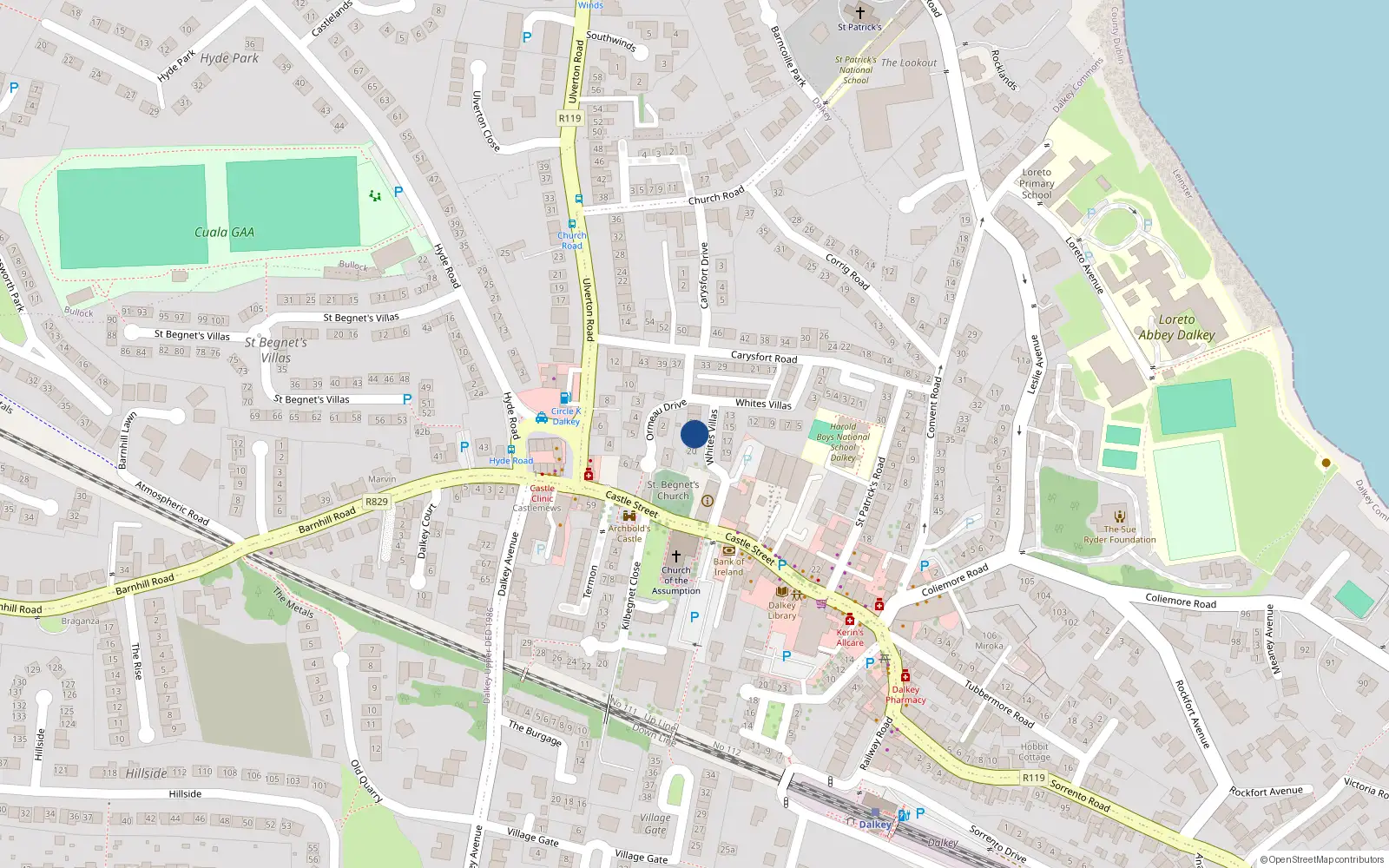 Overhead map showing the location of 23 Whites Villas, Dalkey, Dublin