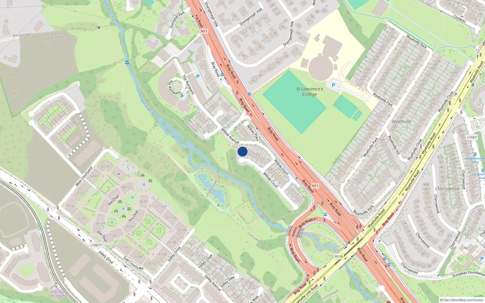 Overhead map showing the location of 23 Willow Court, Dublin 18