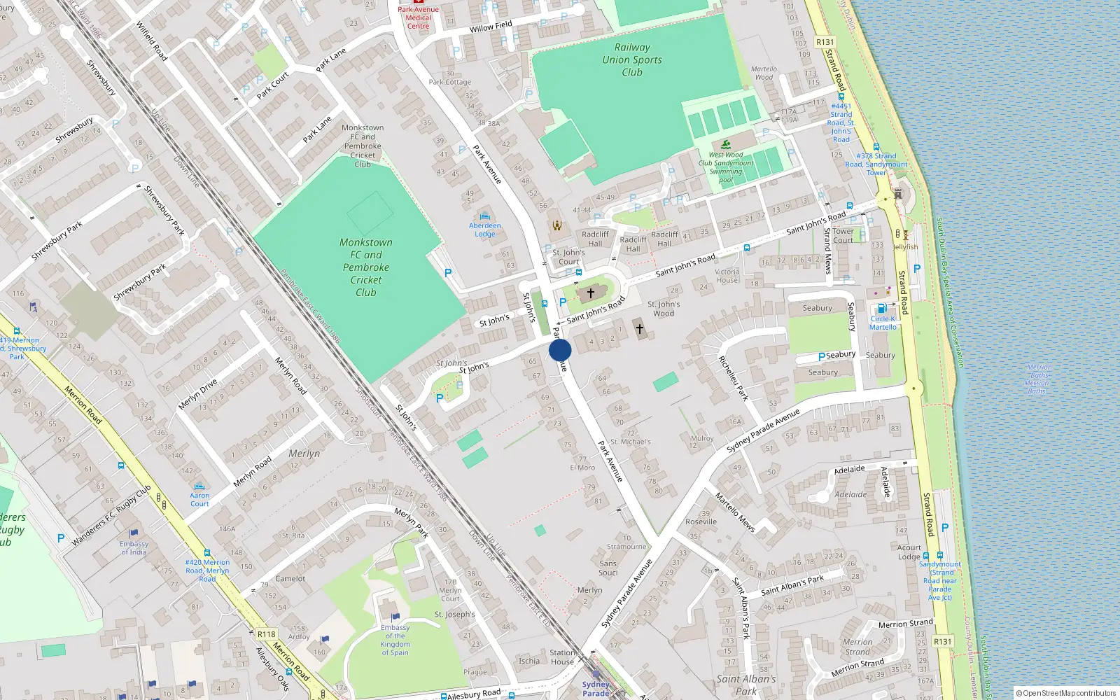 Overhead map showing the location of 23 Willowfield, Park Avenue, Sandymount