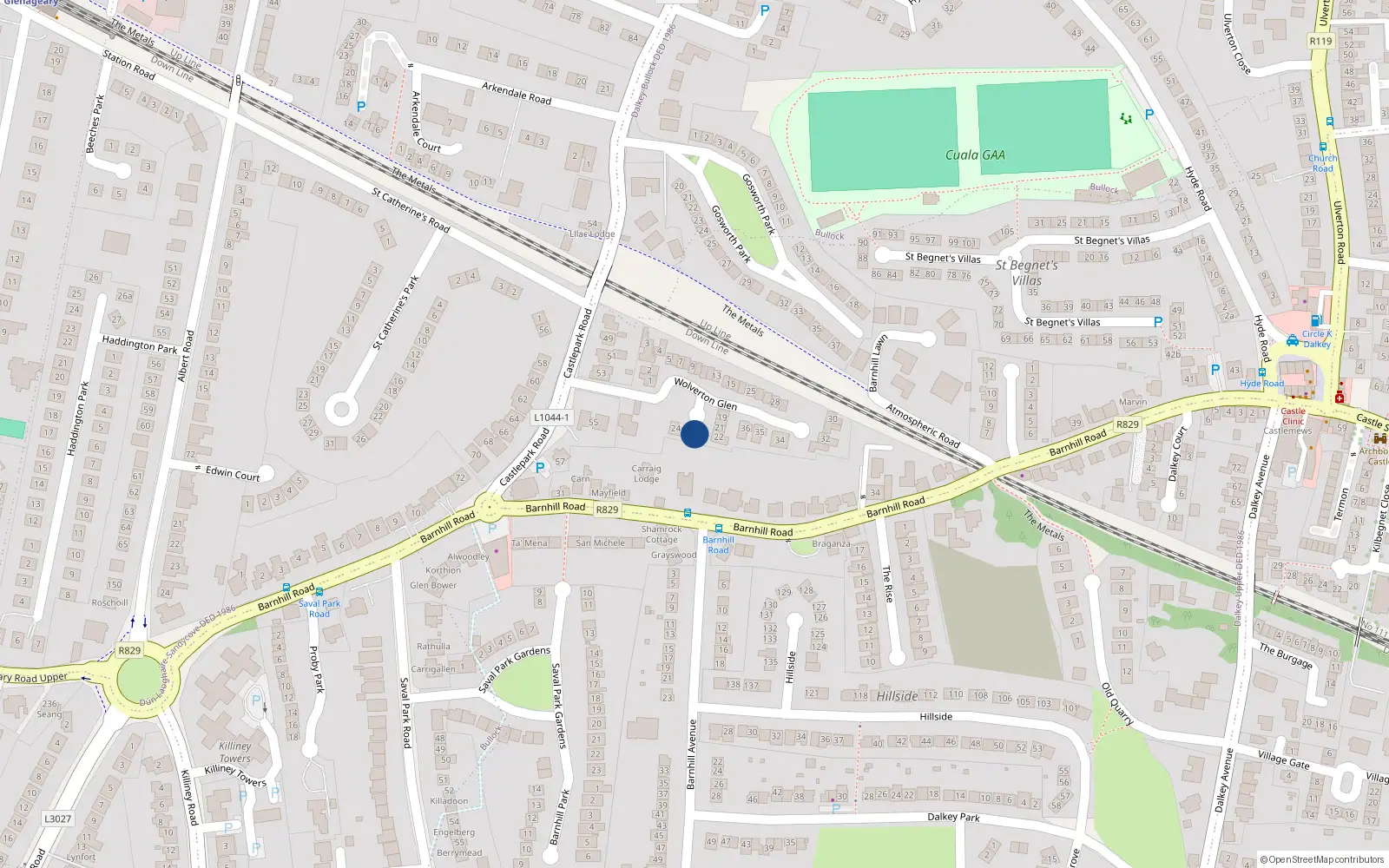 Overhead map showing the location of 23 Wolverton Glen, Castle Park Road, Dalkey