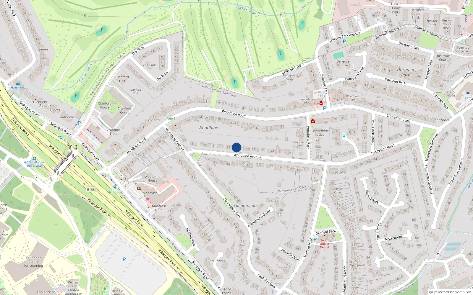 Overhead map showing the location of 23 Woodbine Avenue, Blackrock, Co Dublin