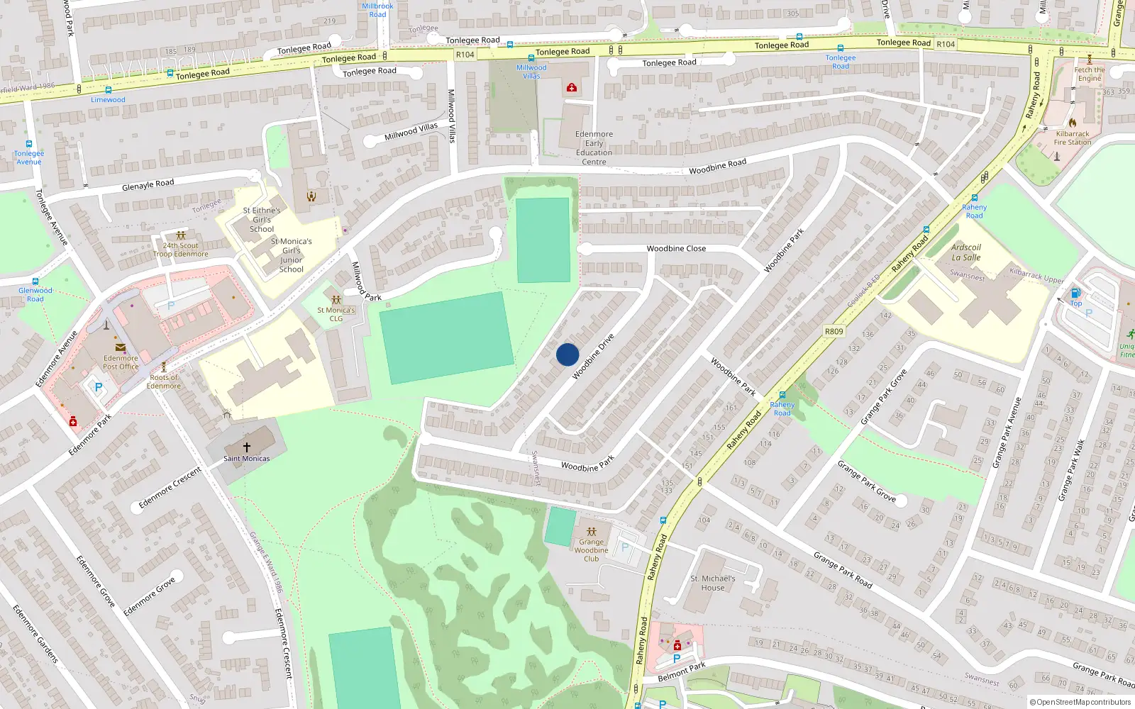 Overhead map showing the location of 23 Woodbine Drive, Dublin 5