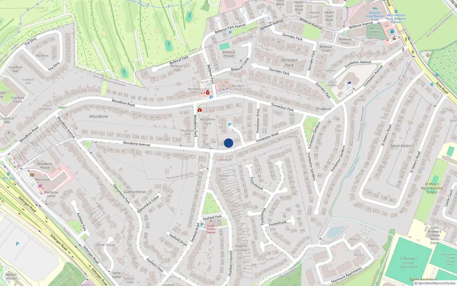 Overhead map showing the location of 23 Woodbine Park, Blackrock