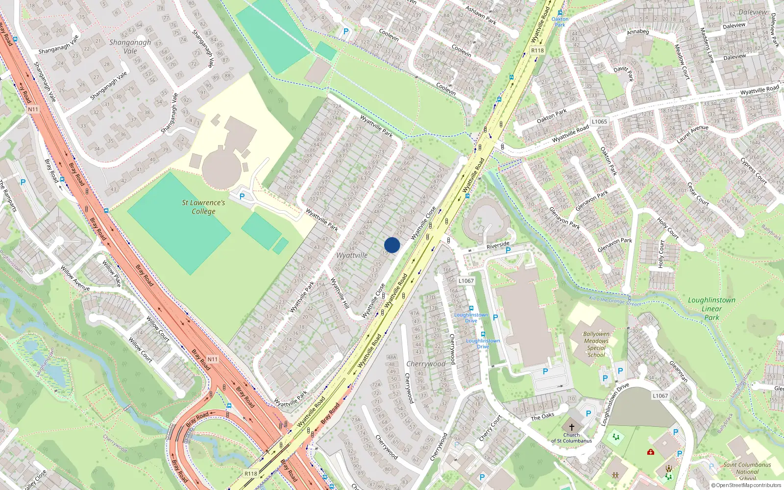 Overhead map showing the location of 23 Wyattville Close, Dublin