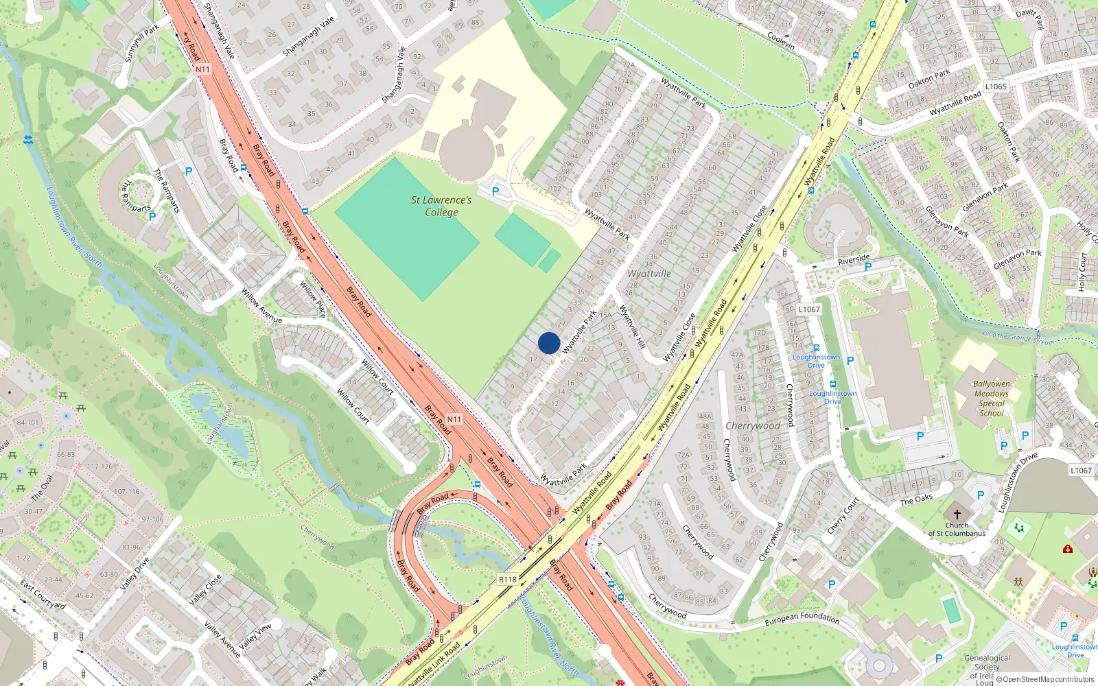 Overhead map showing the location of 23 Wyattville Park, Dublin