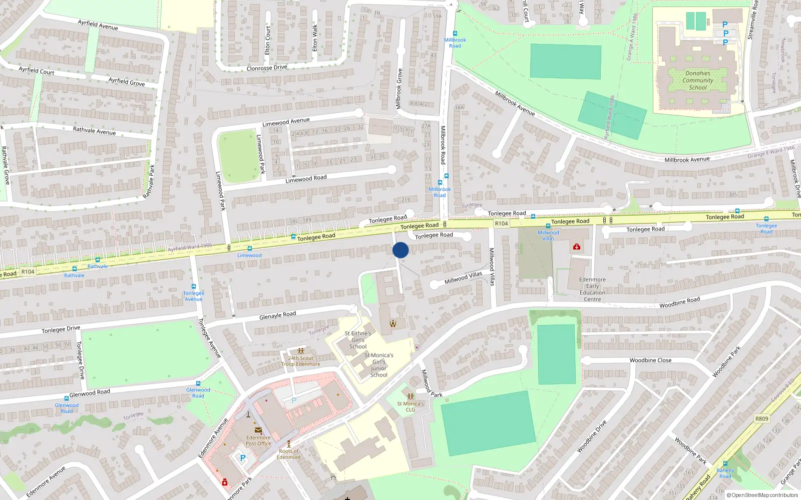 Overhead map showing the location of 236 Tonlegee Road, Raheny, Dublin 5