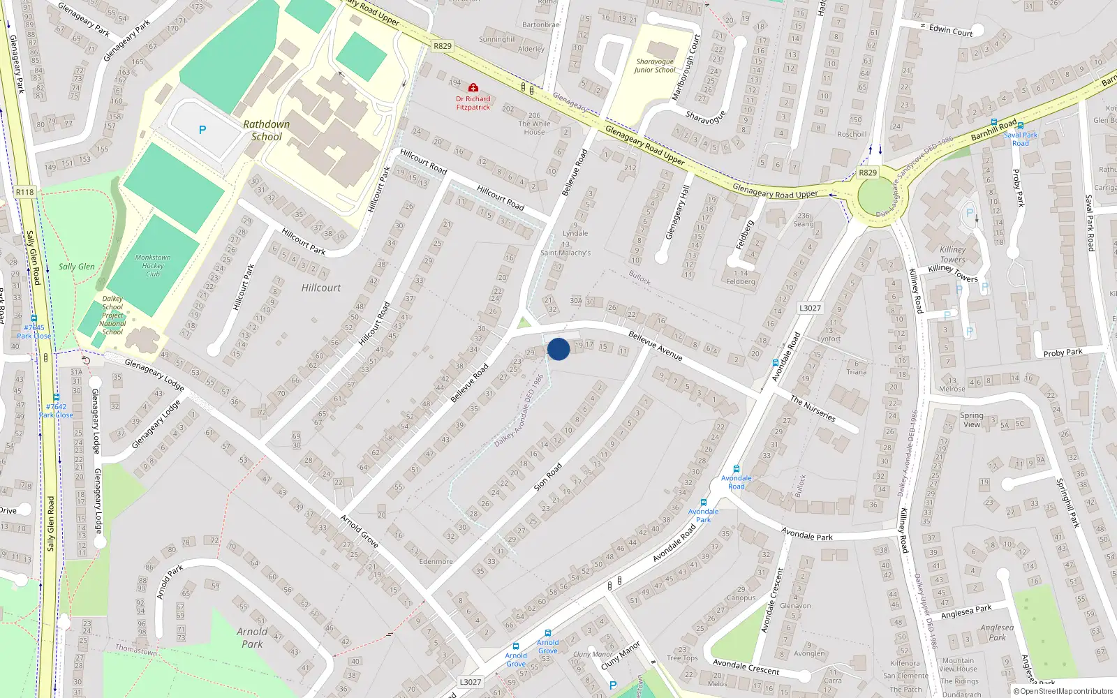 Overhead map showing the location of 23A Bellevue Avenue, Glenageary, Dublin
