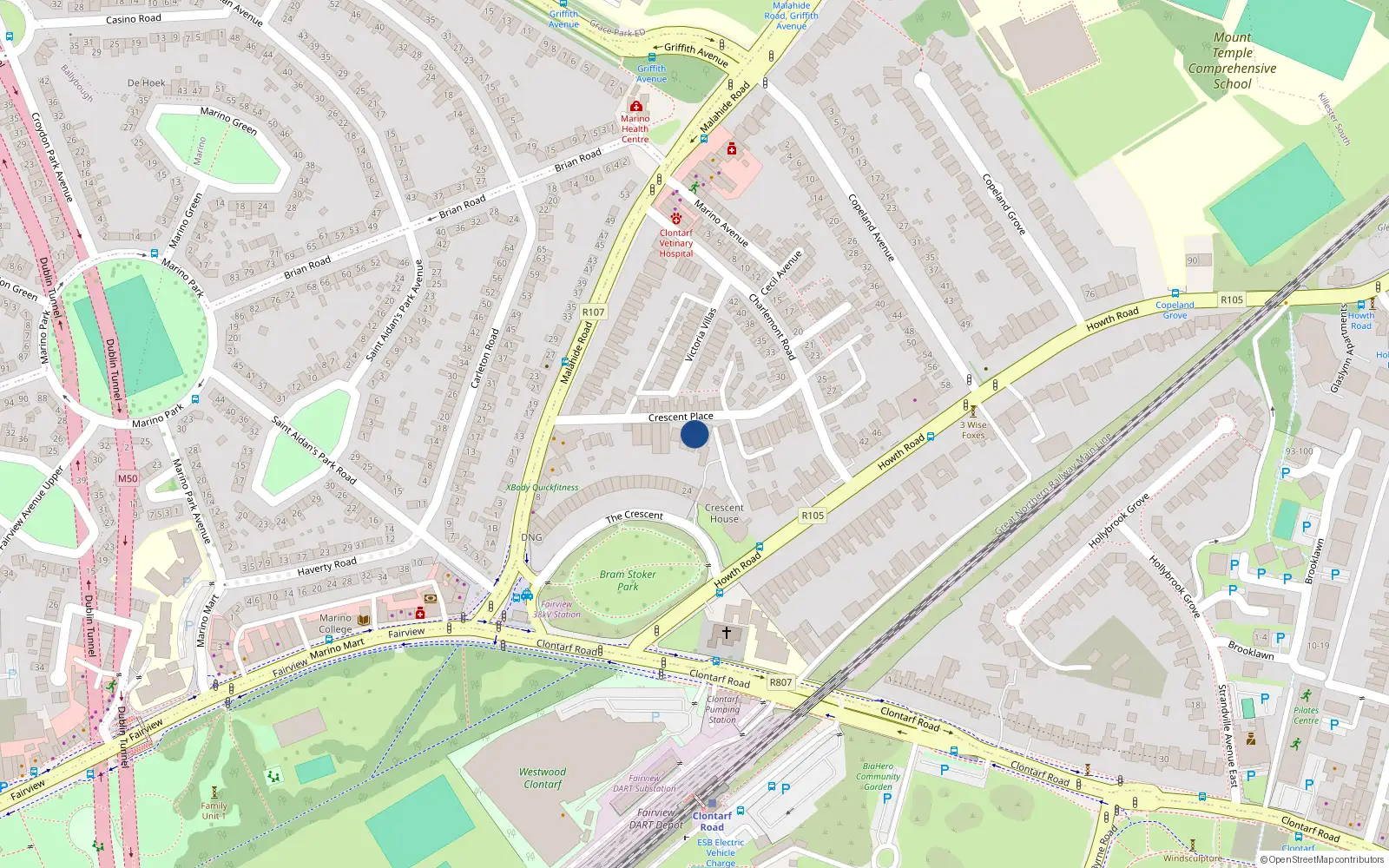 Overhead map showing the location of 23A Crescent Place, Clontarf, Dublin 3