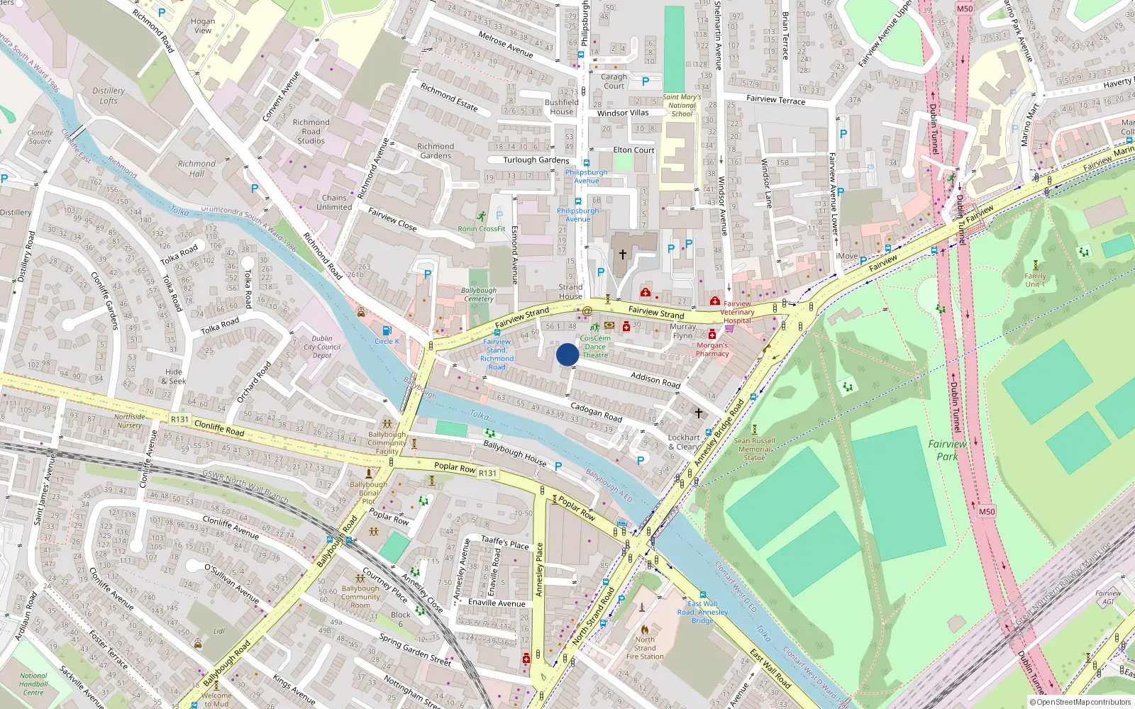 Overhead map showing the location of 24 Addison Road, Fairview, Dublin 3, D03 Np78