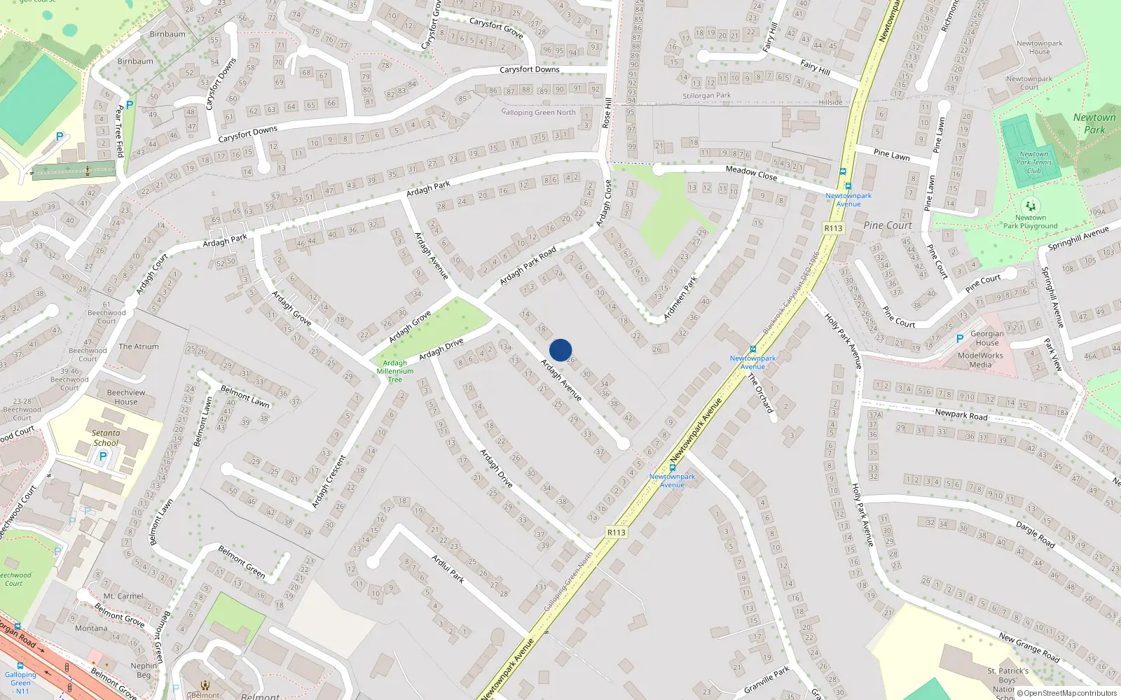 Overhead map showing the location of 24 Ardagh Avenue, Blackrock, Dublin